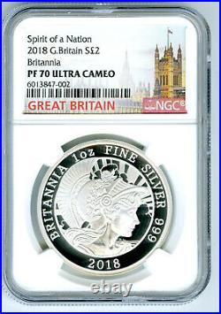 2018 Great Britain 1oz Silver Proof Ngc Pf70 Ucam Britannia Extremely Rare