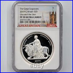 2019 Great Britain Una and the Lion 5 Pounds 2 oz Silver Proof Coin NGC PF 70 UC