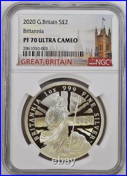 2020 Great Britain 1 oz PROOF Silver Britannia 2£ NGC PF70UC In NGC top 241