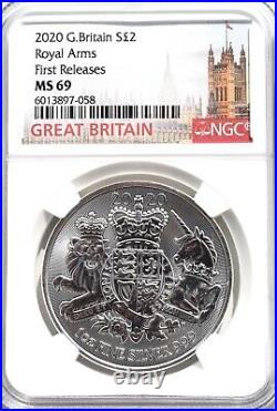 2020 Royal Arms 1OZ SILVER NGC MS69 UK COIN £2 GREAT BRITAIN Two Pound