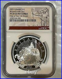 2021 Great Britain 1 oz Silver Britannia with Lion NGC PF70UCAM 1 of First 100