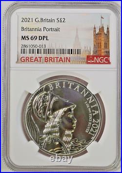 2021 Great Britain 1 oz Silver'Plain Fields' Britannia/Lion £2 NGC MS-69 DPL