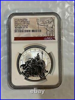 2021 Great Britain Britannia Proof & Reverse 2-Coin Silver Set NGC 70 1st Day