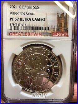 2021 Great Britain Silver 5 Pounds Alfred The Great Ngc Pf 67 Ultra Cameo Scarce