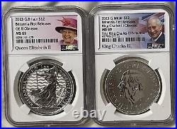 2023 2£ Great Britain Silver Ngc Ms69 Britannia Qeii & Charles Two Coin Set Fr