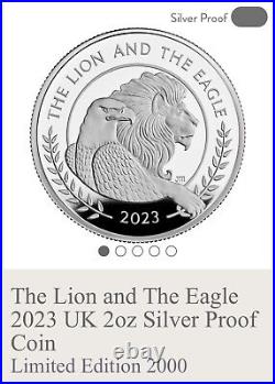 2023 Great Britain Lion and Eagle 2 oz Silver Proof Mercanti NOT 1 oz L. E. 2000