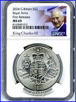 2024 Great Britain 1oz Silver Ngc Ms69 Royal Arms King Charles First Releases