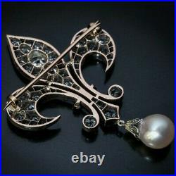 2Ct Diamond Pearl & Ruby Fleur-De-Lis Brooch Pin in 14k White Gold Over Silver