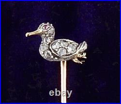 Antique Victorian 18Ct Gold & Silver, Diamond Duck Stick / Tie Pin c 1860's
