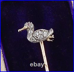 Antique Victorian 18Ct Gold & Silver, Diamond Duck Stick / Tie Pin c 1860's