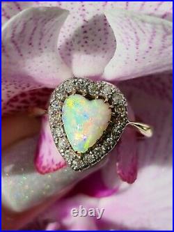 Antique Victorian 18ct Yellow Gold & Silver Heart Shaped Opal & Diamond ring