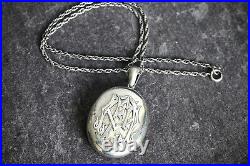 Antique Victorian English Silver Double Locket Pendant & Necklace Initials'af