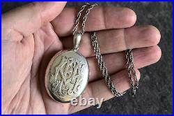 Antique Victorian English Silver Double Locket Pendant & Necklace Initials'af