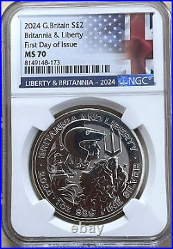 First Day Issue FDOI NGC MS70 2024 Great Britain Liberty & Britannia 1oz Silver