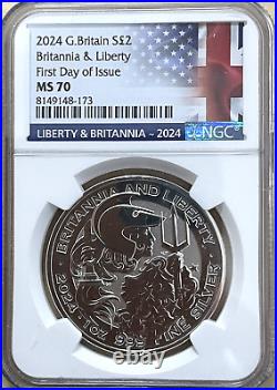 First Day Issue FDOI NGC MS70 2024 Great Britain Liberty & Britannia 1oz Silver