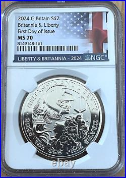 First Day Issue FDOI NGC MS70 2024 Great Britain Liberty & Britannia 1oz Silver