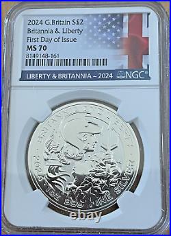 First Day Issue FDOI NGC MS70 2024 Great Britain Liberty & Britannia 1oz Silver