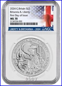 First Day Issue FDOI NGC MS70 2024 Great Britain Liberty & Britannia 1oz Silver