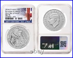 First Day Issue FDOI NGC MS70 2024 Great Britain Liberty & Britannia 1oz Silver