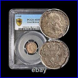 GREAT BRITAIN. 1905, 3 Pence, Silver PCGS AU58 Edward VII, Crown and Oak