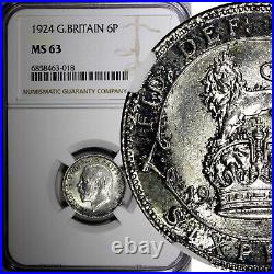 GREAT BRITAIN George V Silver 1924 6 Pence NGC MS63 LIGHT TONING KM# 815a. 1 (18)