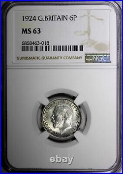 GREAT BRITAIN George V Silver 1924 6 Pence NGC MS63 LIGHT TONING KM# 815a. 1 (18)