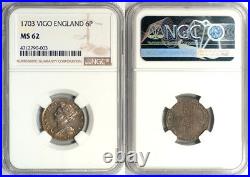 Great Britain 1703-VIGO Anne Silver Sixpence NGC MS-62 UNDERGRADED