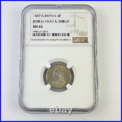 Great Britain 1887 Sixpence 6P Queen Victoria Silver Coin NGC Graded MS 62