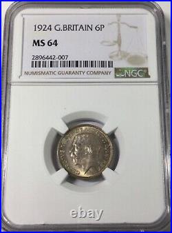 Great Britain 1924 Sixpence NGC MS 64 Near Gem Mint State UNC Silver