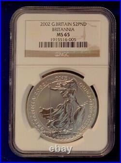 Great Britain 2002 Britannia 2 Pound Silver Bullion Coin, Ngc Certified Ms 65