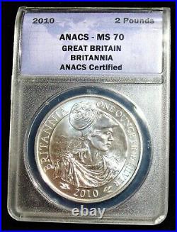 Great Britain 2010 2P 1 oz Fine Silver Britannia ANACS MS70