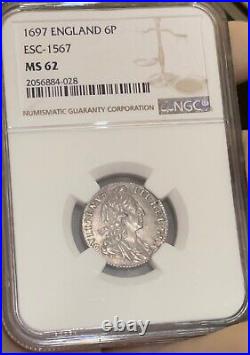 Great Britain 6 Pence, 1697. London Mint. William III. Silver coin, NGC MS-62