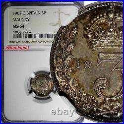 Great Britain Edward VII Silver 1907 3 Pence NGC MS64 Nice Toning KM# 797.2 (84)