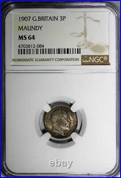 Great Britain Edward VII Silver 1907 3 Pence NGC MS64 Nice Toning KM# 797.2 (84)