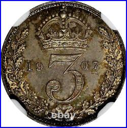 Great Britain Edward VII Silver 1907 3 Pence NGC MS64 Nice Toning KM# 797.2 (84)