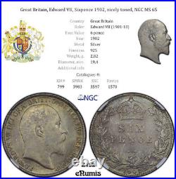 Great Britain, Edward VII, Sixpence 1902, nicely toned, NGC MS 65