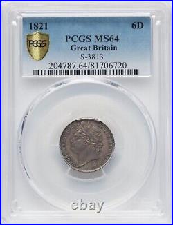 Great Britain George IIII 1821 6 Pence Silver Coin, Uncirculated Pcgs Ms64