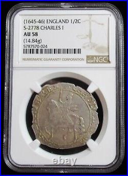 Great Britain ND (1645-46) Silver 1/2 Crown Sun Privy S-2778 NGC AU-58 (14.84g)