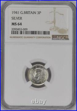 Great Britain Silver 3 Pence 1941 Ngc Ms 64 Unc