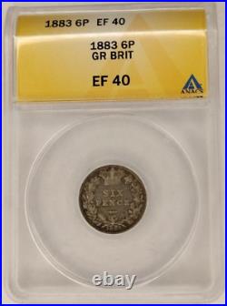 Great Britain Silver 6 Pence 1883 EF40 ANACS Rare British Queen Victoria Coin 1A