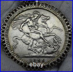 Great Britain UK Victoria Silver 1896 Crown in Silver Mount Brooch Engraved
