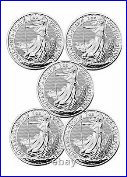 Lot of 5 2022 Great Britain 1 oz Silver Britannia £2 Coins GEM BU