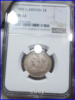 NGC MS-62 Great Britain 1895 1 Shilling Silver Coin Victoria Old UK