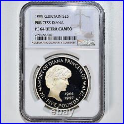 NGC PF64 1999 Great Britain Princess Diana Memoria Silver Coin 5 Pounds Proof