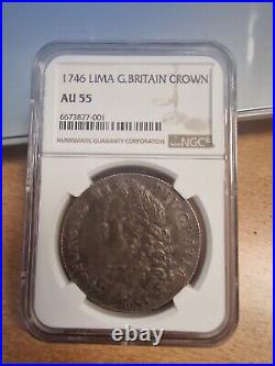 Rare 1746 Lima Crown King George II Uncirculated Silver Great Britain NGC AU55