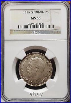 TOP POP Silver 1916 Great Britain Florin 2 Shillings NGC MS65 Gem UNC