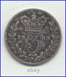 Very Rare 1868 Silver Threepence 3d Queen Victoria Great Britain RRITANNIAR