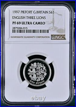 (top Pop) 1997 Great Britain Silver Piedfort £1 English Three Lions Proof Ngc 69